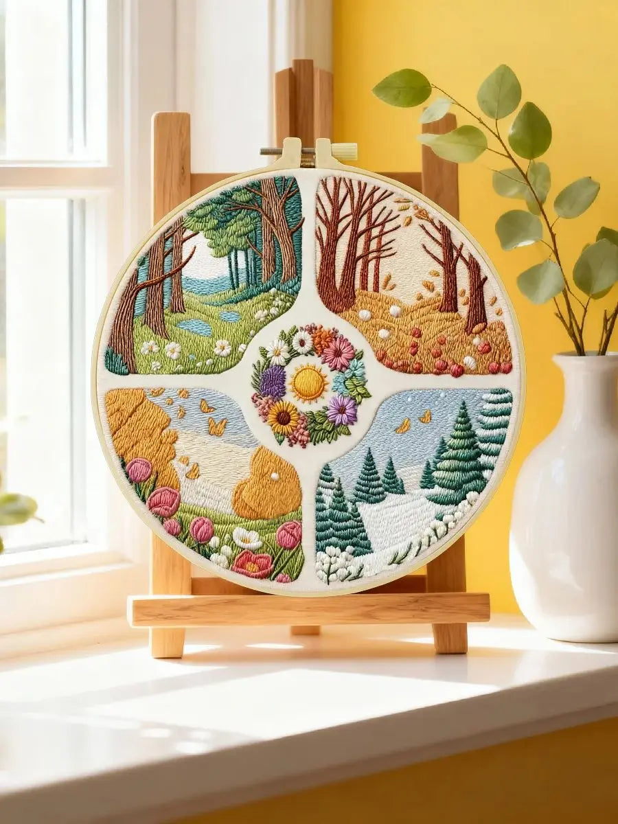 Four Seasons Landscape Embroidery Kit – Spring Summer Fall Winter DIY Sewing Craft, Nature Hoop Wall Art Decor