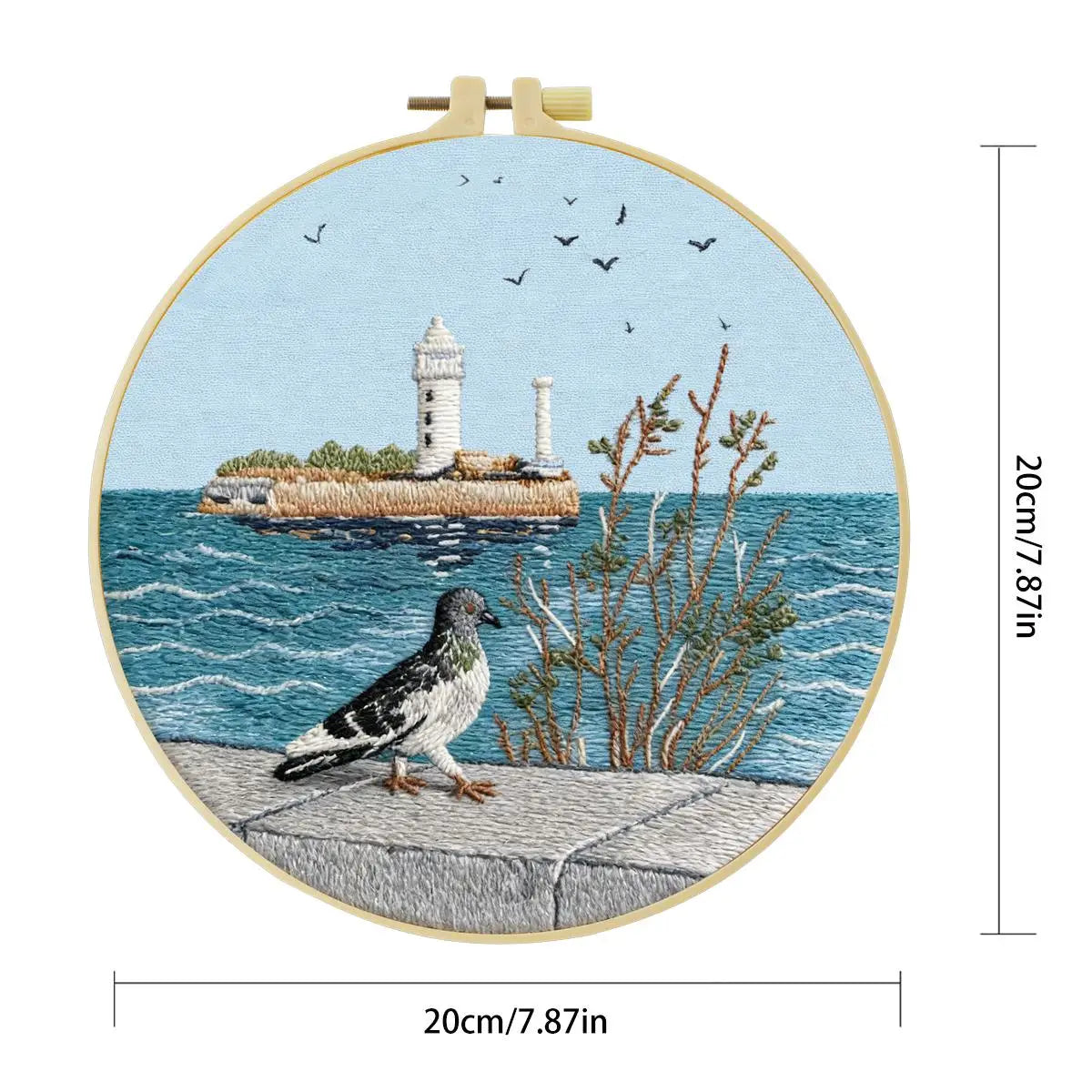 Coastal Lighthouse Embroidery Kit – Seaside Ocean Scene with Lighthouse, Pigeon & Waves Needlepoint Pattern for Beach Lovers