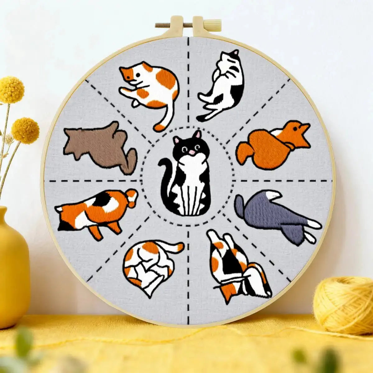Cute Cat Poses Embroidery Kit – Kawaii DIY Hand Embroidery Hoop Art Set Kits For Stitchers
