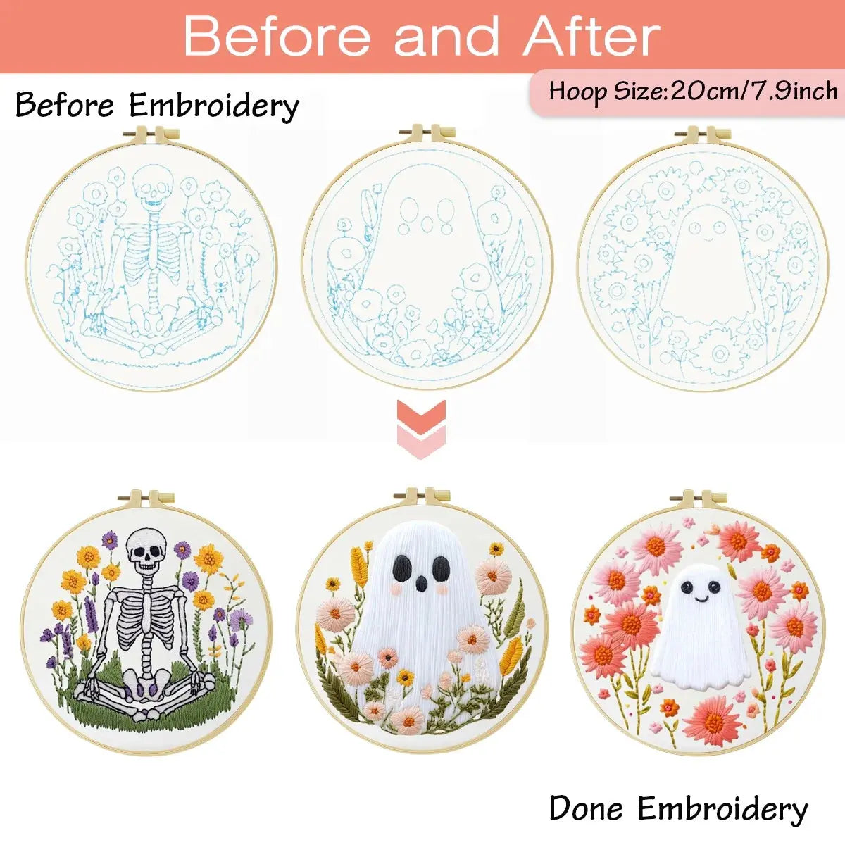 Floral Ghosts & Skeleton Embroidery Kit โ 3 Designs Kits For Stitchers