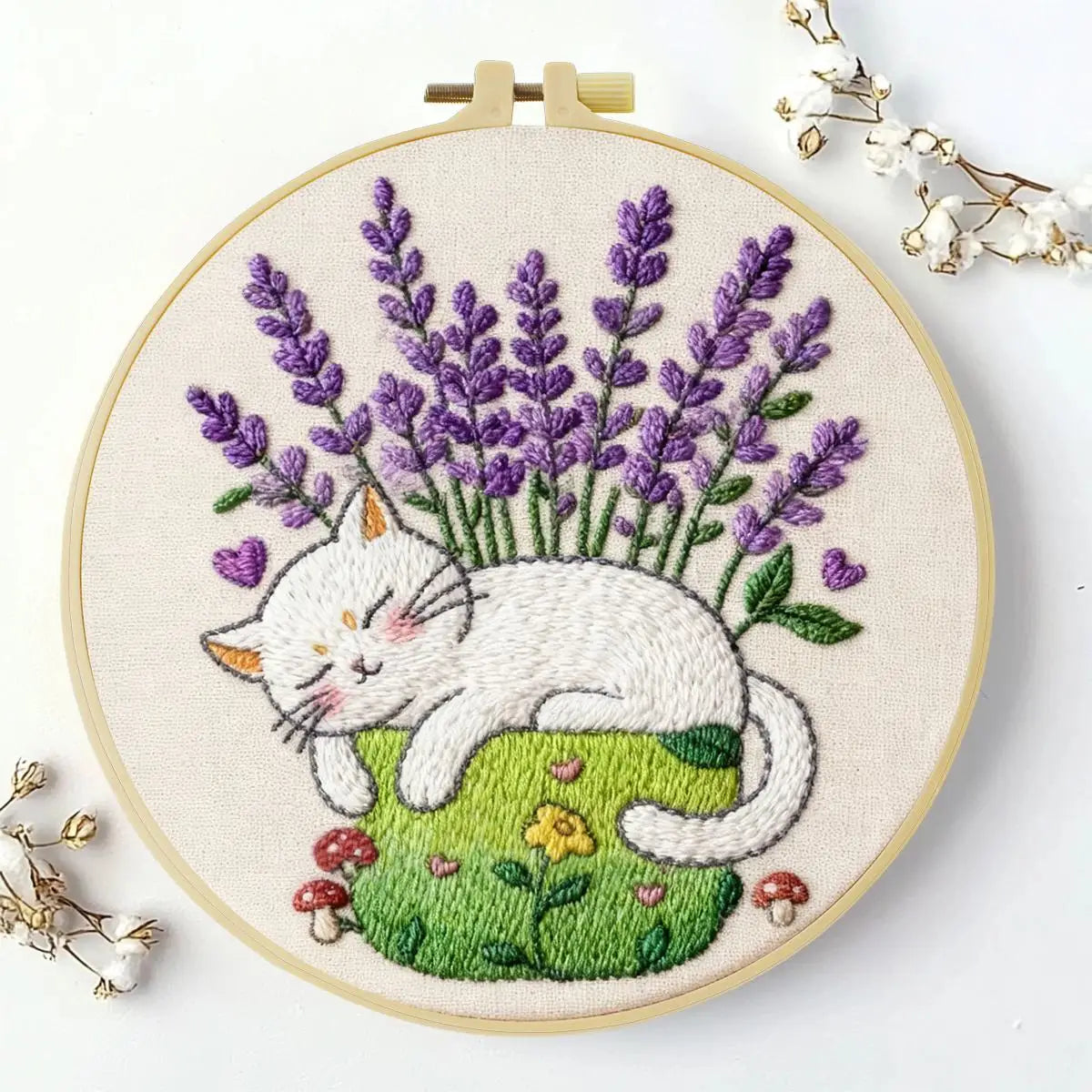 Sleeping Cat Lavender Embroidery Kit for Beginners – DIY Hand Embroidery Hoop Set