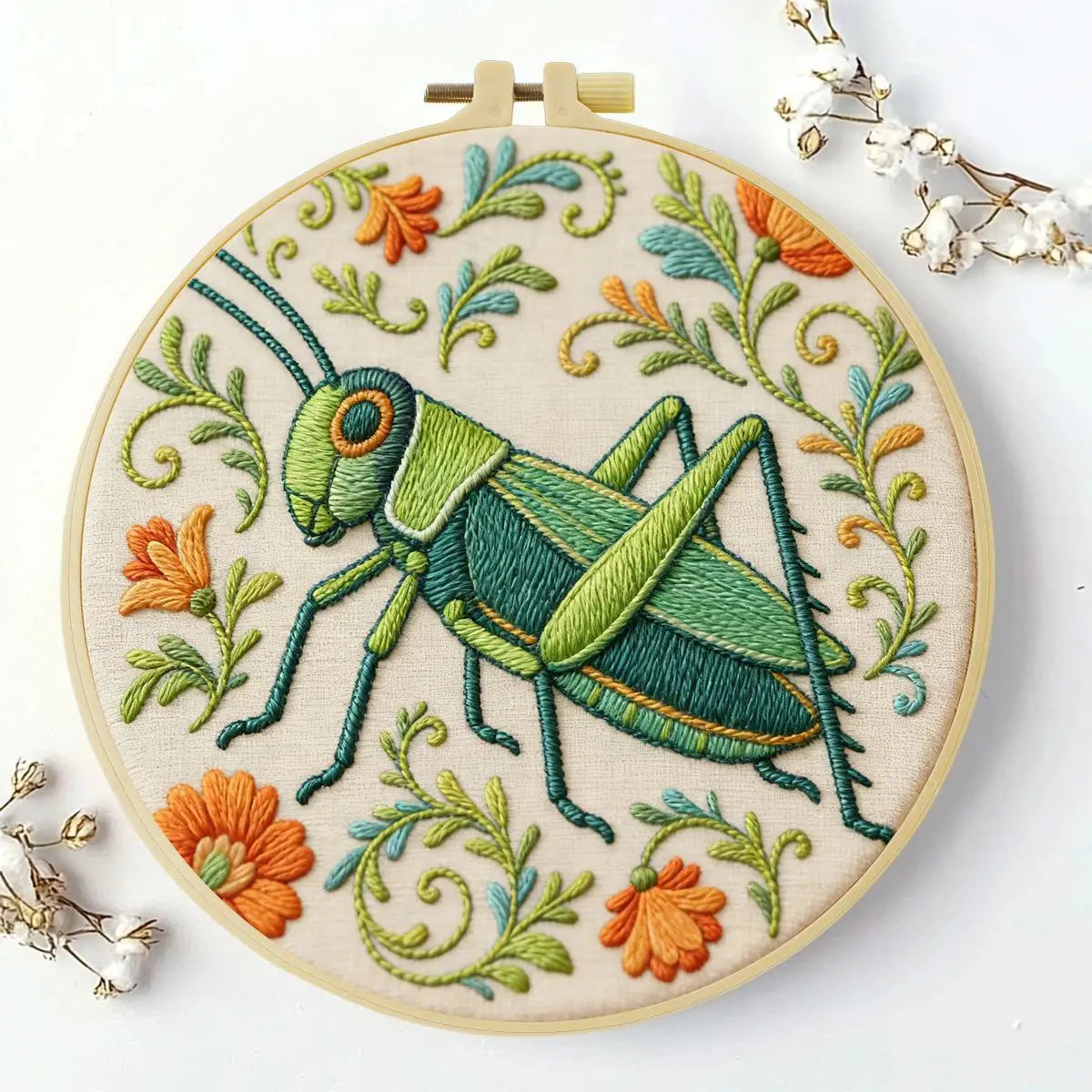 Grasshopper Embroidery Kit for Beginners – DIY Nature Hand Embroidery Hoop Set