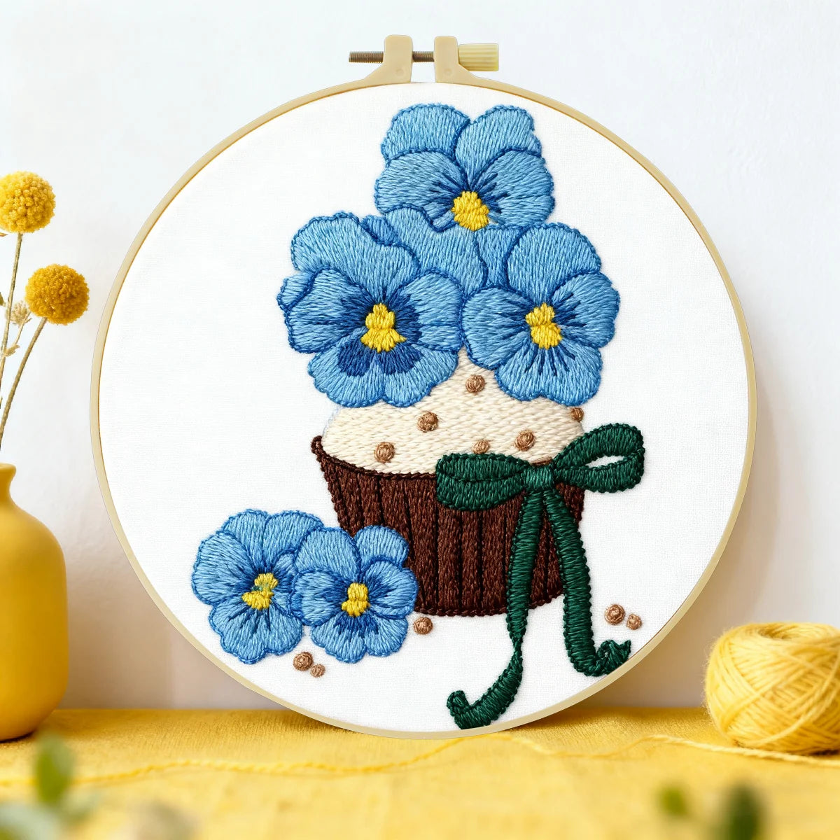 Blue Flower Cupcake Embroidery DIY Kit – Cute Floral Beginner Stitching Kit with Hoop, Pattern & Threads