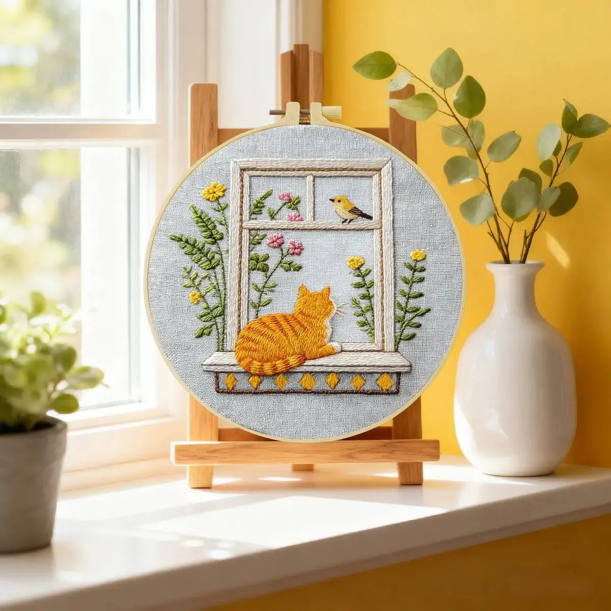 Window Cat Embroidery Kit – Cozy Birdwatching Kitty DIY Hand Embroidery Hoop Art Set Kits For Stitchers