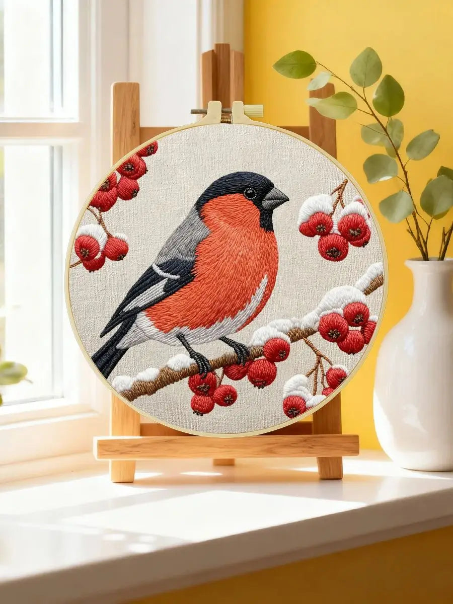 Bird Embroidery Starter Kit – DIY Bullfinch Sewing Art Set for
