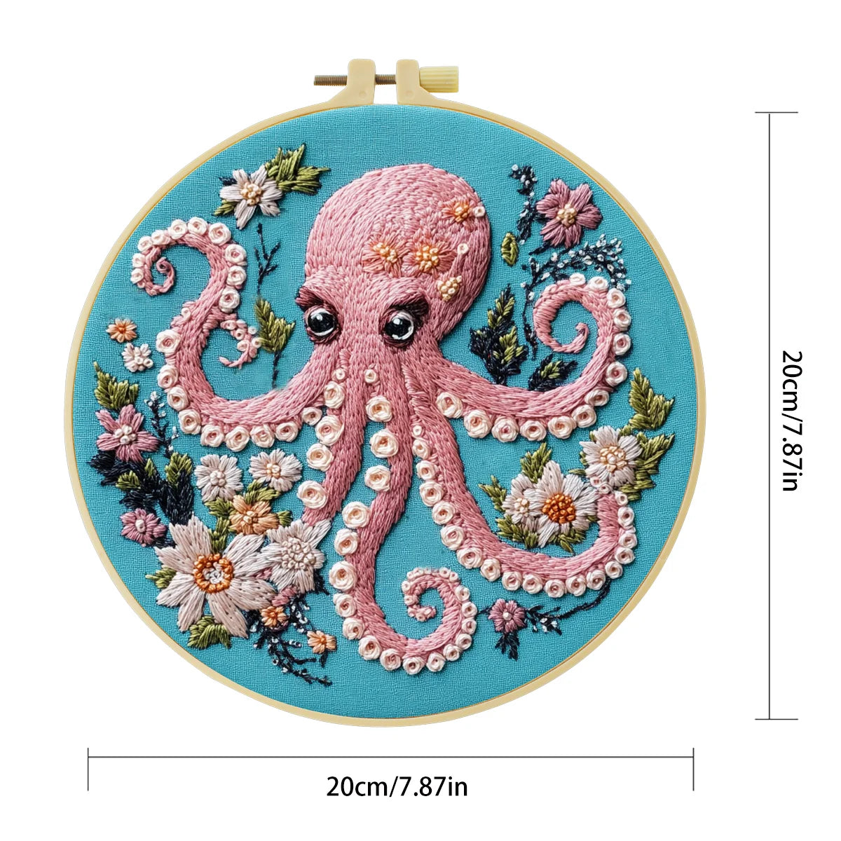 Floral Octopus Embroidery Kit – Whimsical Pink Octopus Needlepoint Pattern with Ocean-Inspired Botanical Details