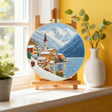 Snowy Mountain Village Embroidery Kit – Winter Alpine Landscape DIY Sewing Craft, Scenic Lake Hoop Wall Art Kits For Stitchers
