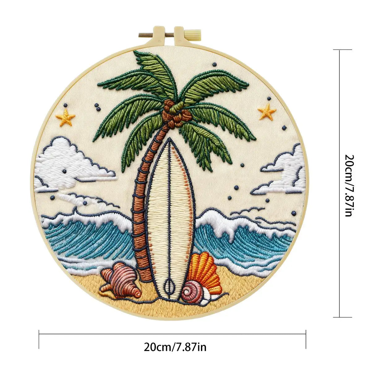 Surfboard Beach Punch Needle Wall Art – Handmade Embroidery Hoop Decor for Nursery & Cozy Rooms