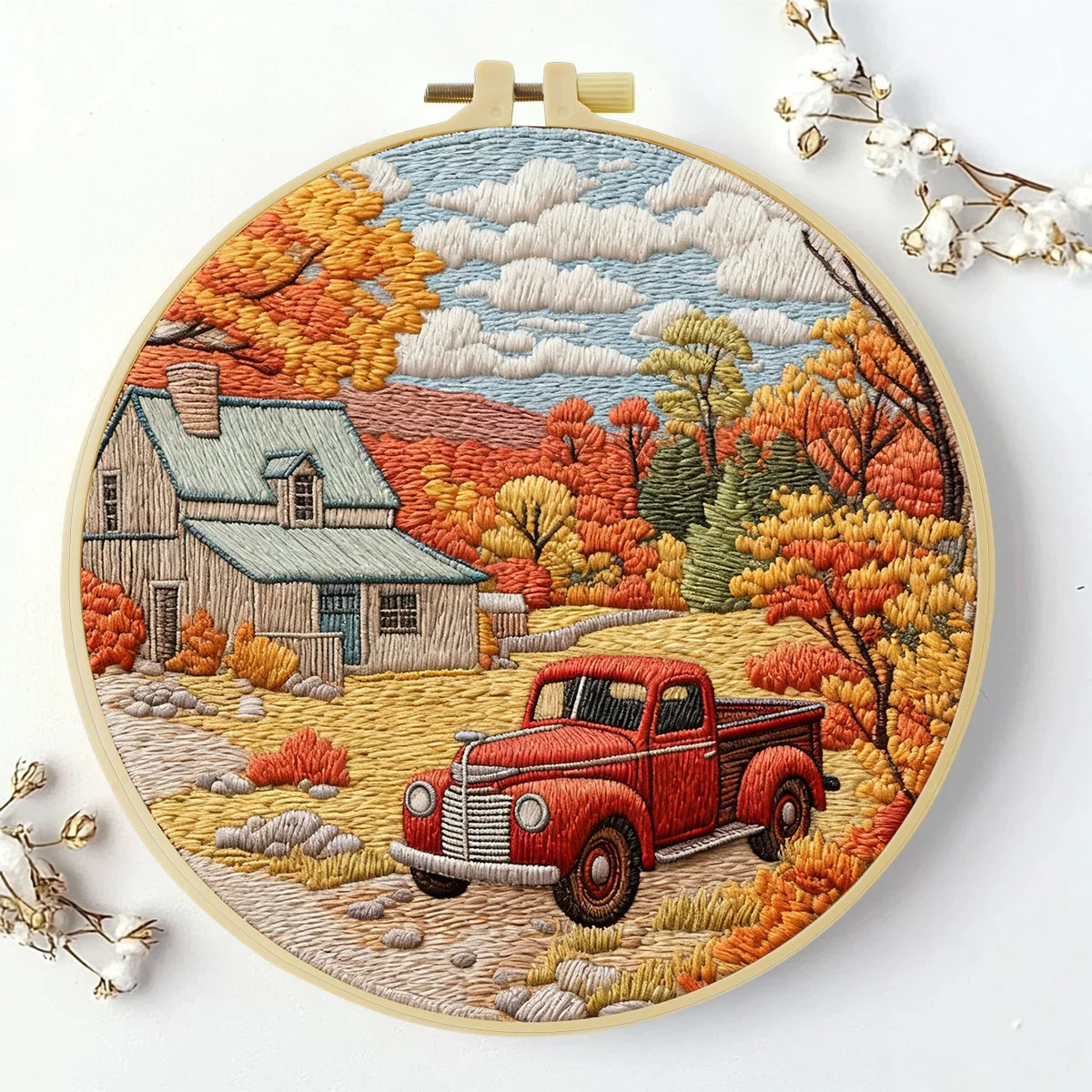 Autumn Farmhouse Embroidery Kit – Vintage Red Truck Fall Landscape DIY Sewing Craft, Rustic Country Wall Art Decor