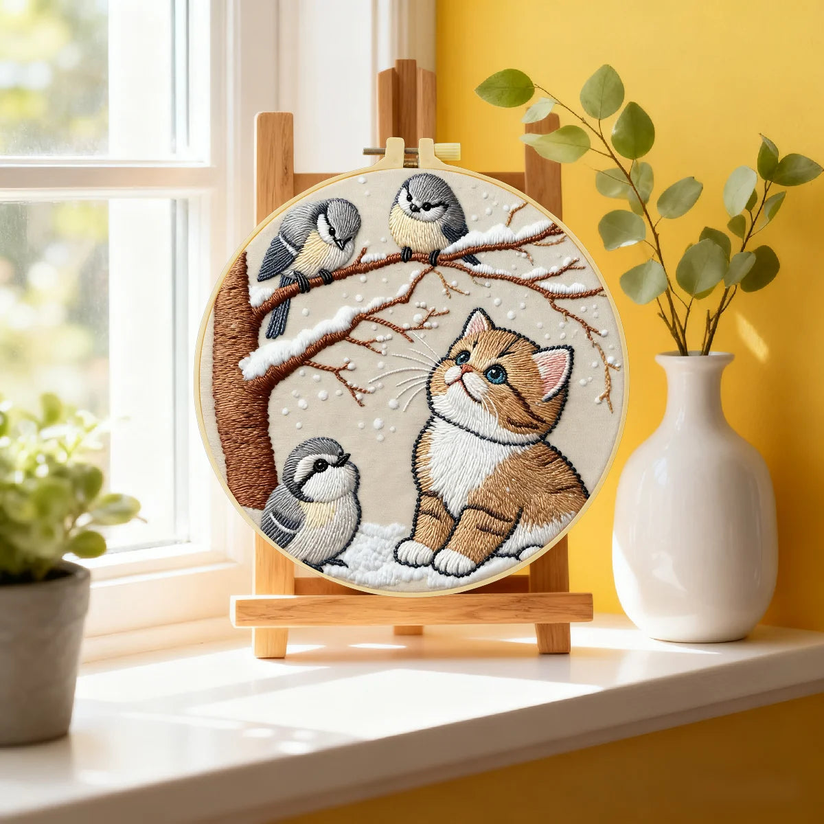 Winter Kitten & Snowbirds Embroidery DIY Kit – Cute Animal Hand Stitch Craft with Hoop & Threads
