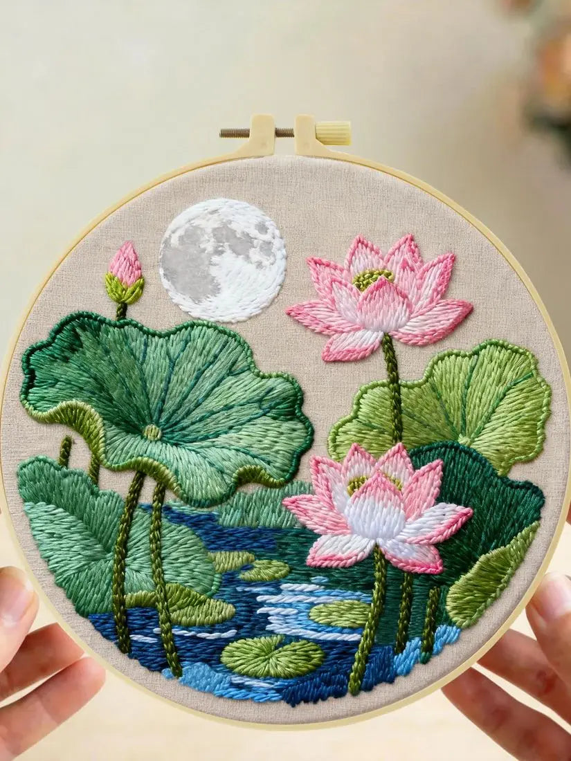 Lotus Pond Embroidery Kit – Pink Water Lily Needlepoint Pattern with Moonlit Nature Landscape & Zen Floral Wall Art Decor