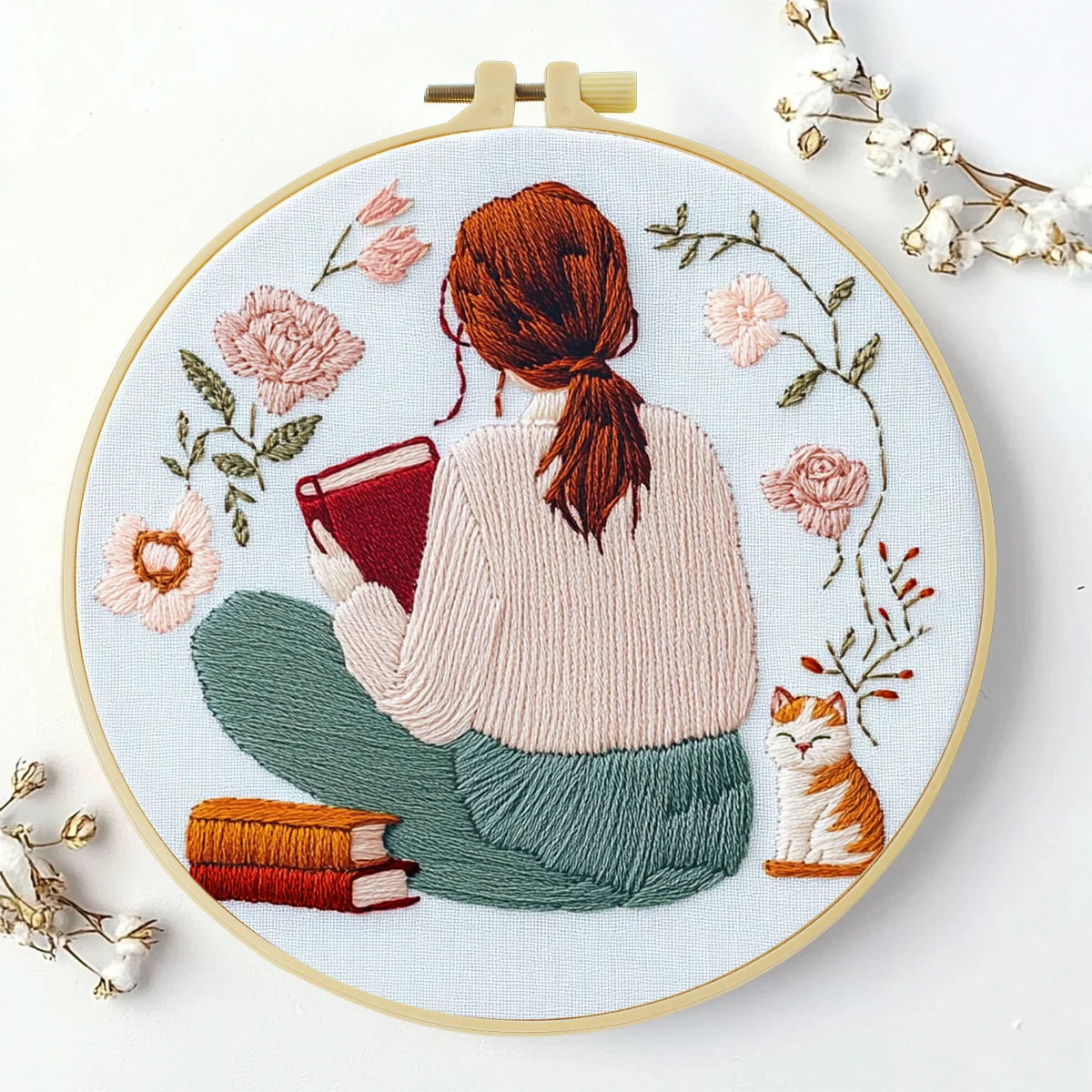 Cozy Reading Girl Embroidery Kit – Book Lover Floral DIY Stitch Pattern