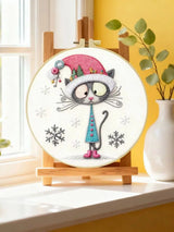 Christmas Cat Embroidery Kit – Cute Winter Kitty DIY Hand Embroidery Hoop Art Set