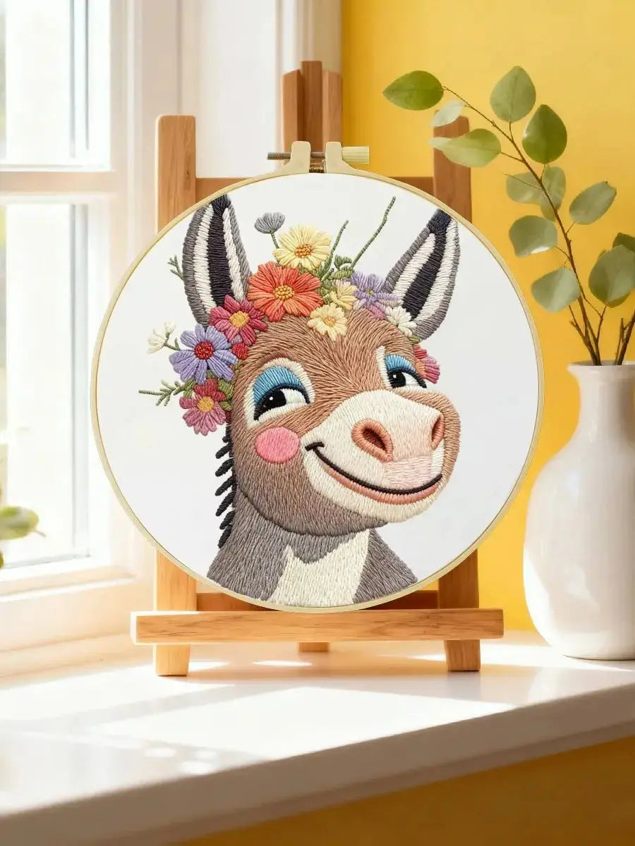 Handmade Floral Donkey Embroidery Hoop Wall Art – Cute Farm Animal Nursery Decor Kits For Stitchers