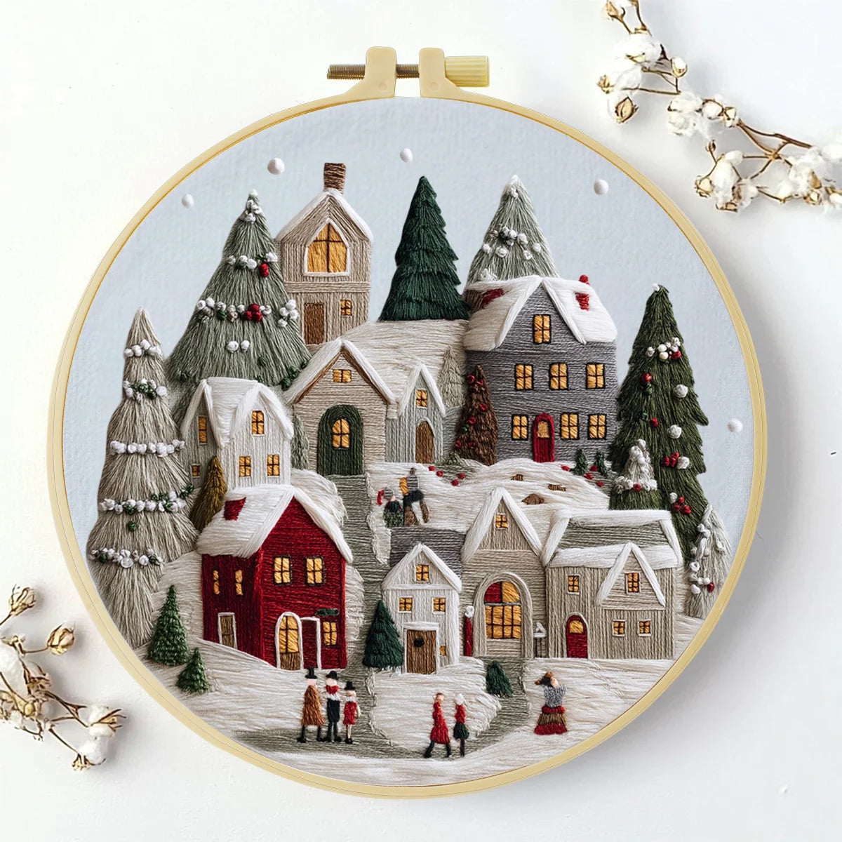 Handmade Winter Village Embroidery Hoop Wall Art – Cozy Christmas Cottage Fiber Decor