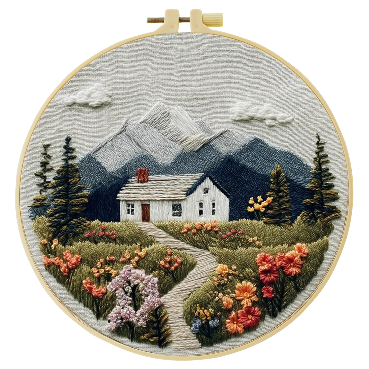 Mountain Cottage Embroidery Kit for Adults – Cozy Cabin Landscape with Wildflowers DIY Hand Embroidery Hoop Art Decor Gift