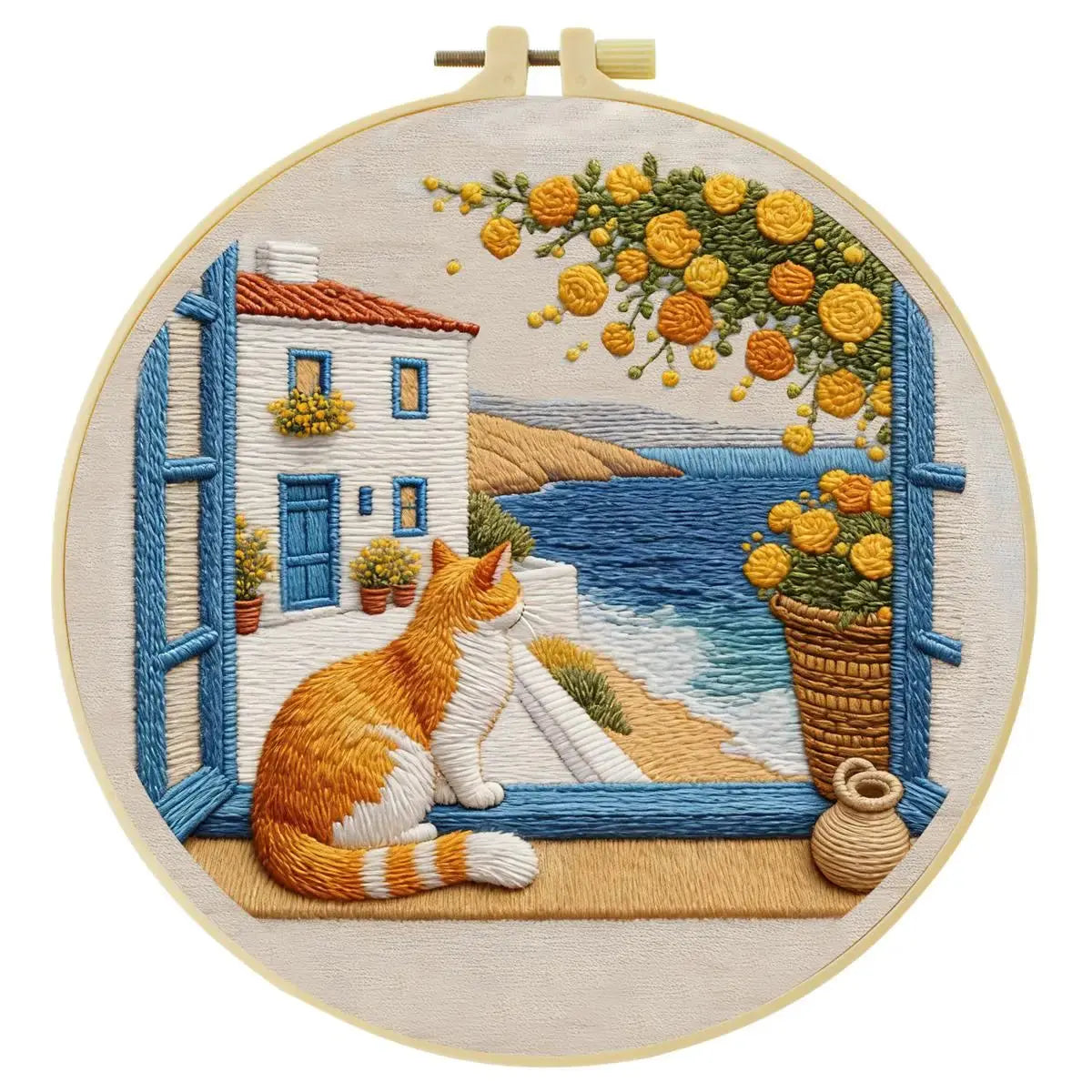 Seaside Window Cat Embroidery Kit Kits For Stitchers