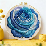 Blue Rose Embroidery DIY Kit – Modern Floral Hand Stitch Art with Hoop & Thread, Elegant Botanical Wall Décor Craft Kit