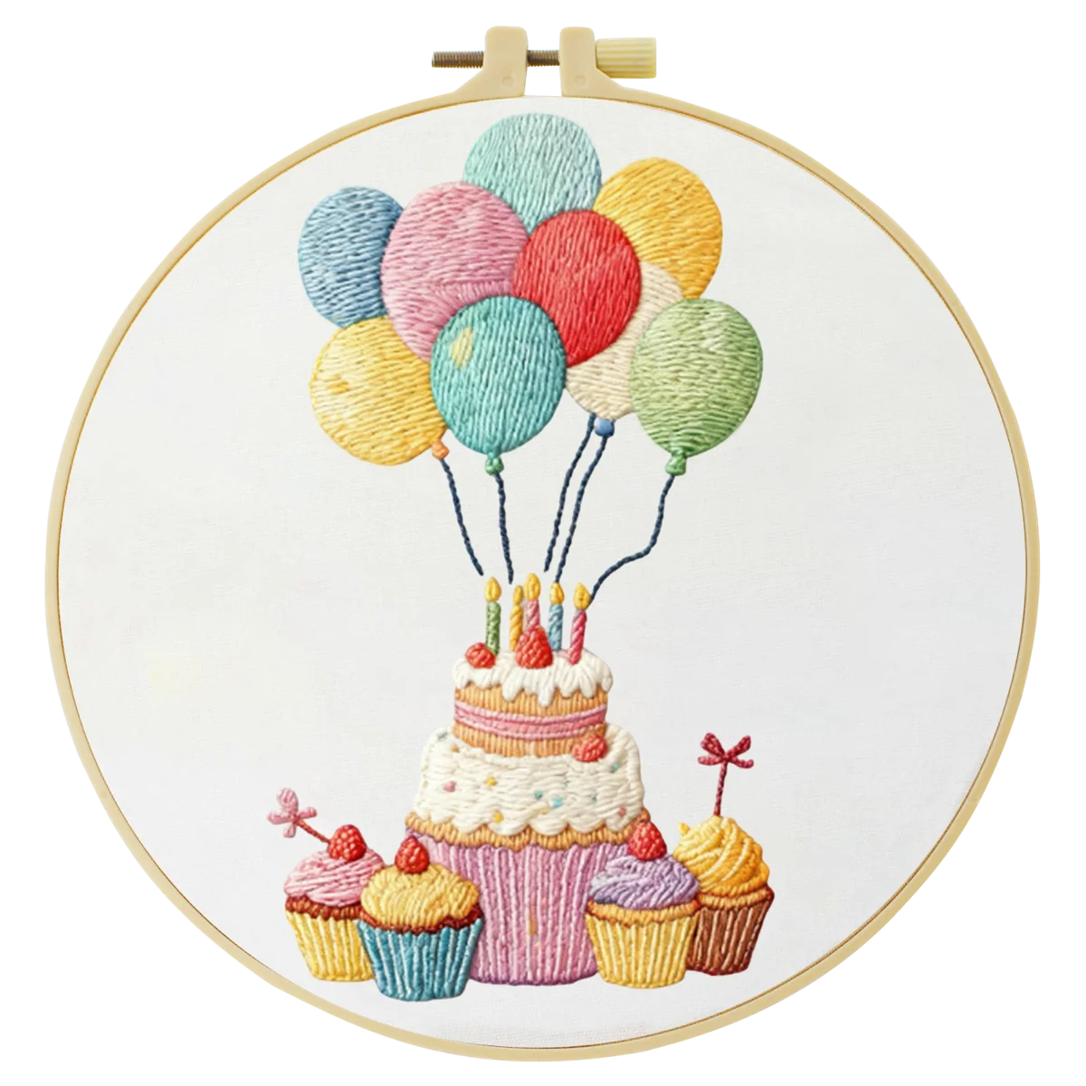 Handmade Birthday Cake Embroidery Hoop Wall Art – Colorful Balloon Party Decor