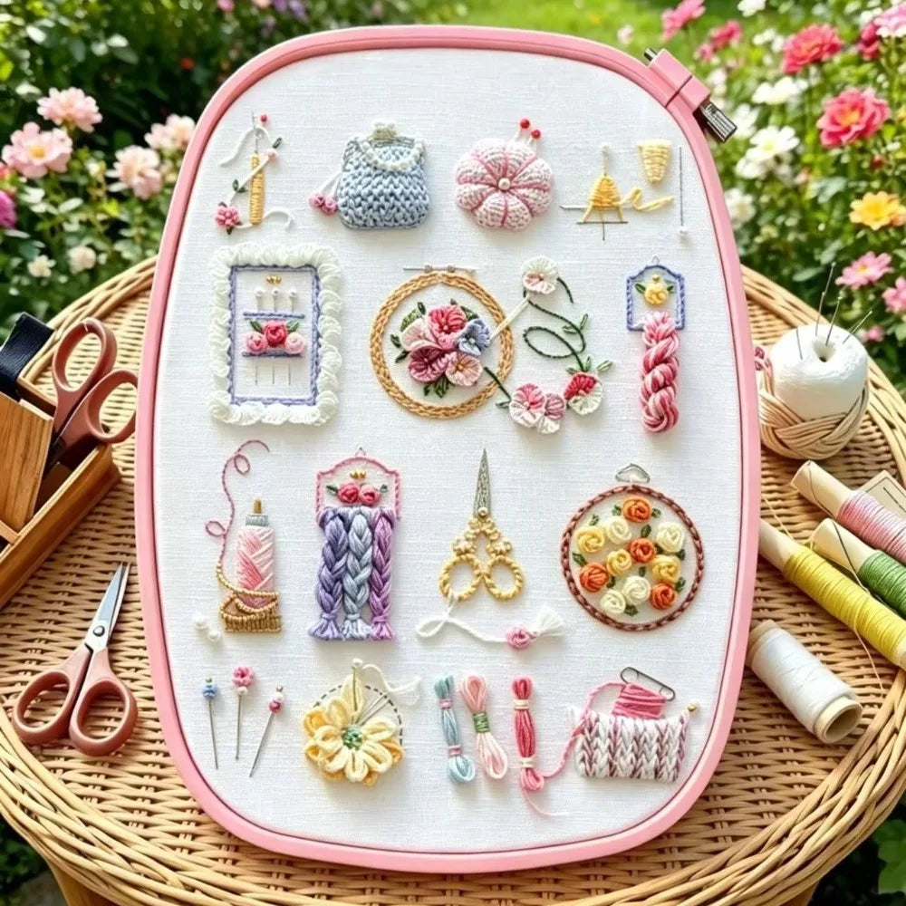 Cute Sewing & Embroidery Tools Pattern – DIY Craft Lover Hand Embroidery Kit with Floral Needlework Accessories Design