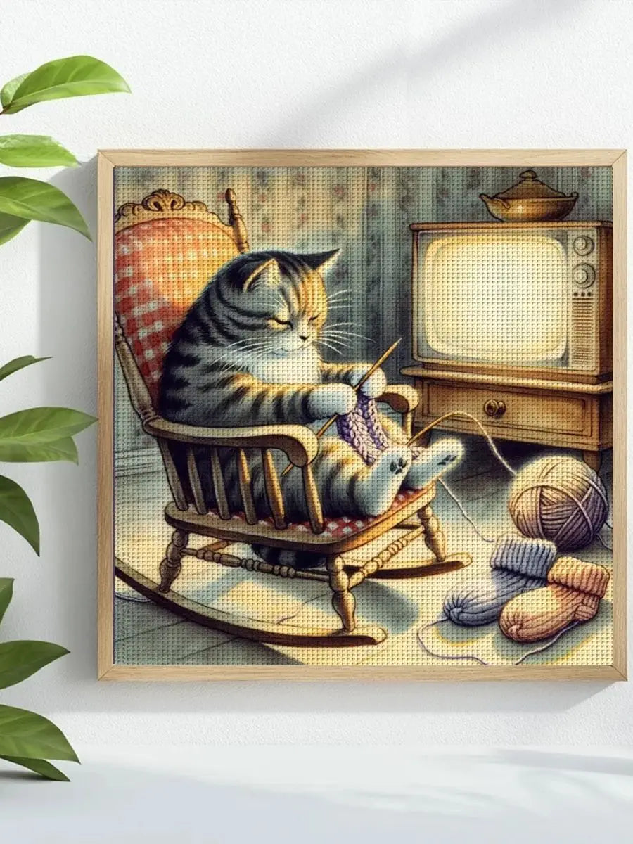 Grandma Cat Knitting Club Cross Stitch Kit 🧶🐱📺