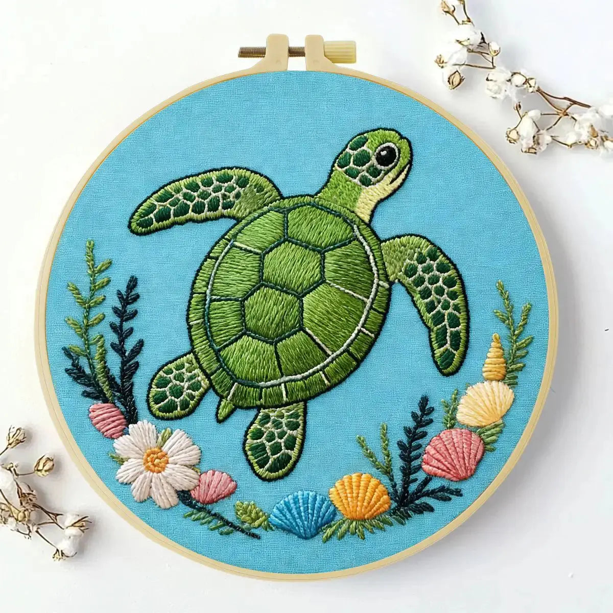 Sea Turtle Embroidery Kit โ Coastal Ocean & Seashell Design Kits For Stitchers