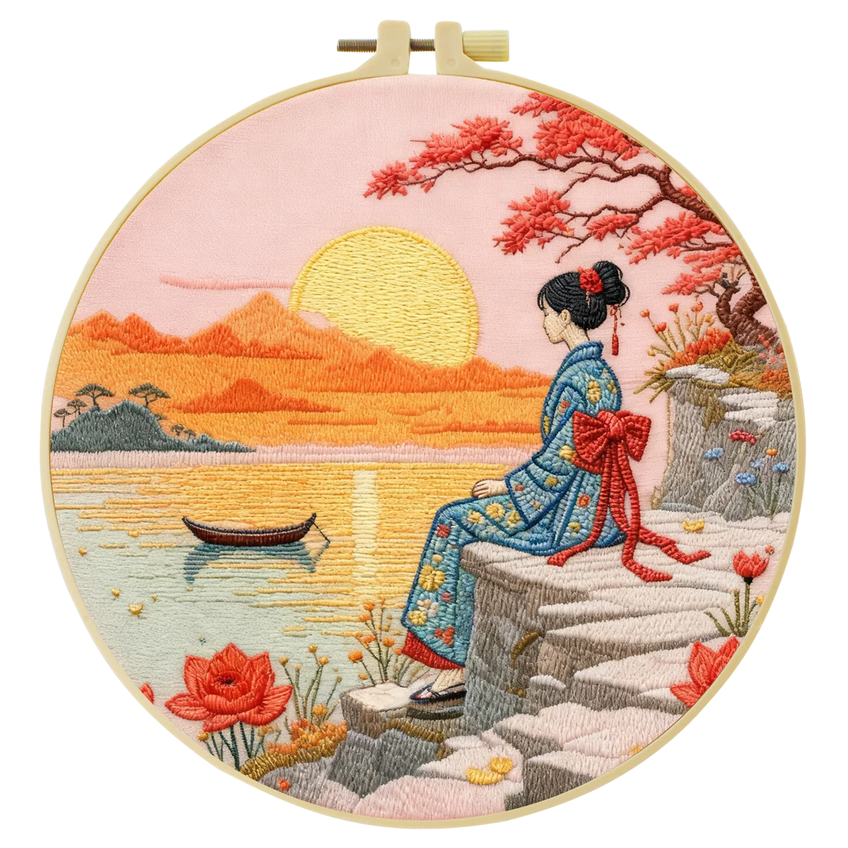 Japanese Sunset Landscape Embroidery Starter Kit – DIY Scenic Kimono Sewing Art Set for Beginners