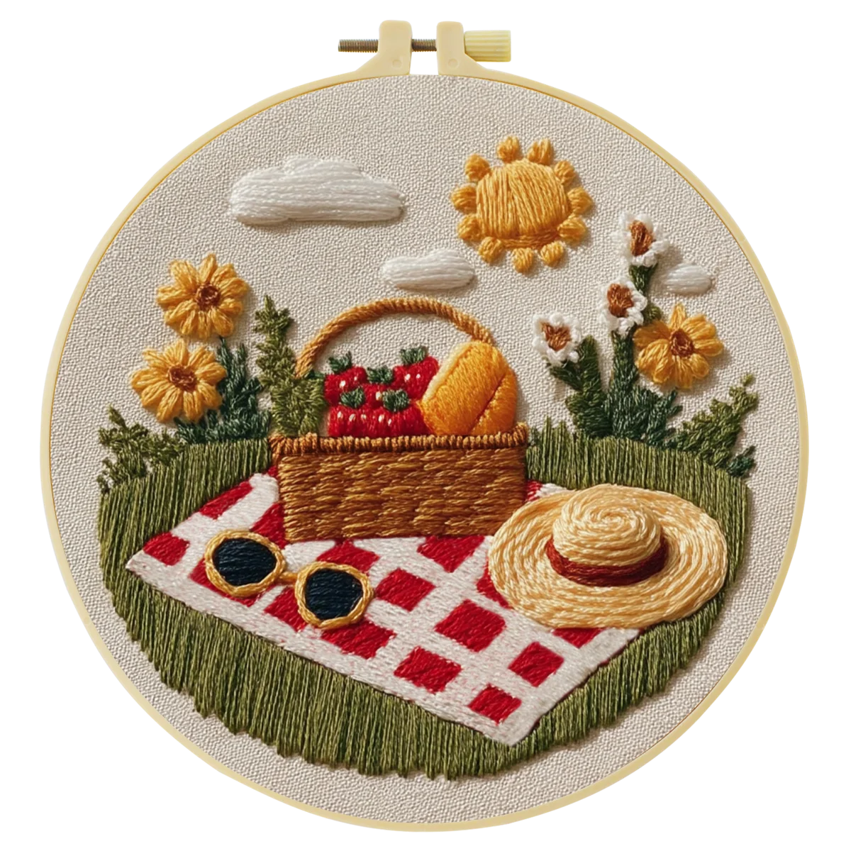 Handmade Summer Picnic Embroidery Hoop Wall Art – Floral Basket & Strawberry Cottagecore Decor