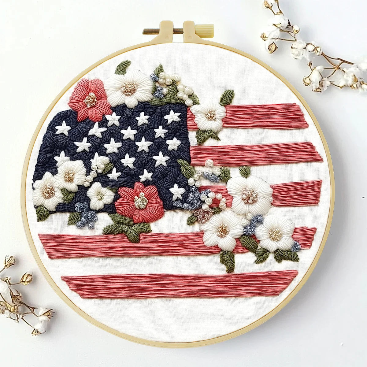 Patriotic American Flag Floral Embroidery Kit – USA Stars and Stripes DIY Needlepoint Hoop Art Rustic Fourth of July Decor Gift