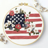 Patriotic American Flag Floral Embroidery Kit – USA Stars and Stripes DIY Needlepoint Hoop Art Rustic Fourth of July Decor Gift