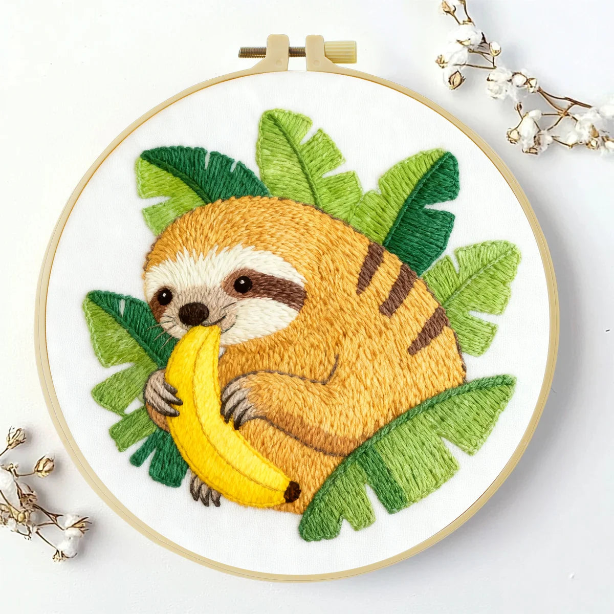 Cute Sloth Embroidery Kit with Banana – Tropical Animal DIY Hand Embroidery Hoop Art, Jungle Nursery Wall Decor Craft Kit