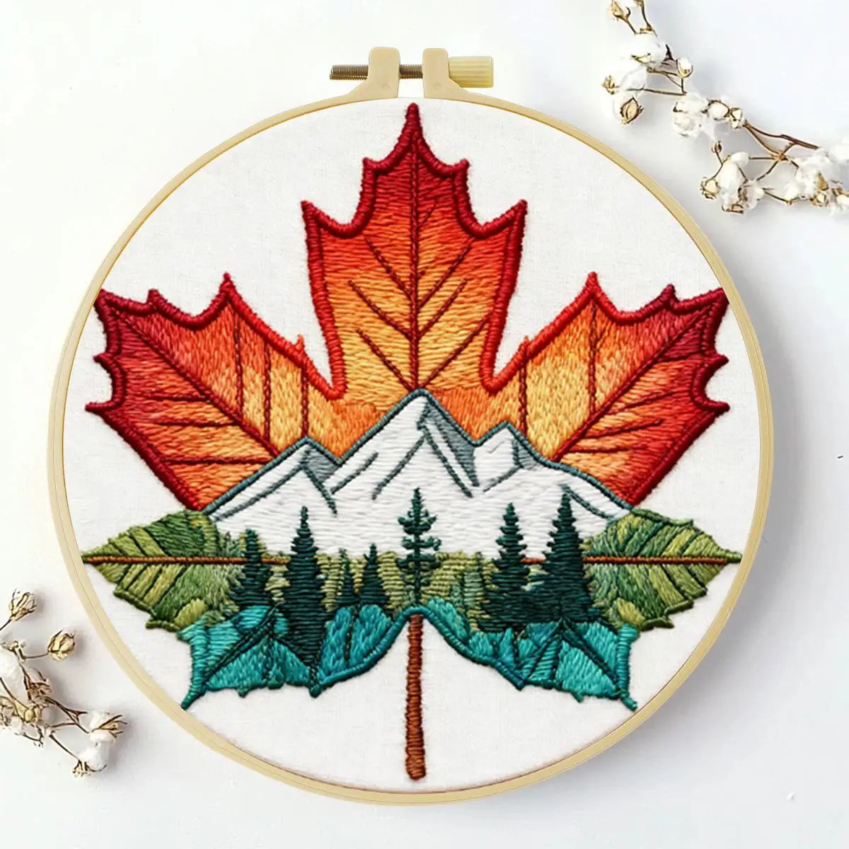 Maple Leaf Mountain Embroidery Kit – Nature Landscape DIY Hand Embroidery Hoop Art Set