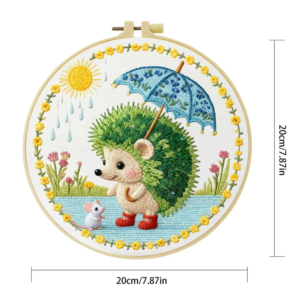 Cute Hedgehog Embroidery Kit – Woodland Animal with Umbrella DIY Sewing Craft, Whimsical Nursery Hoop Wall Art Decor Kits For Stitchers