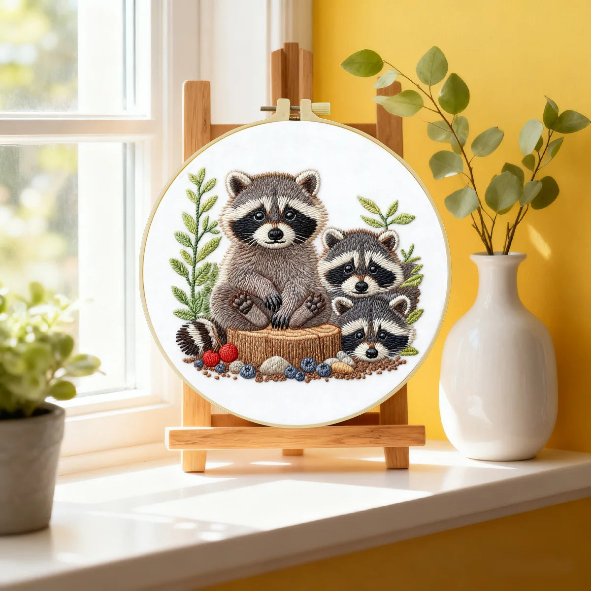 Cute Raccoon Family Embroidery Kit – Woodland Animal DIY Hand Embroidery Hoop Art, Forest Nursery Wall Decor Craft Kit