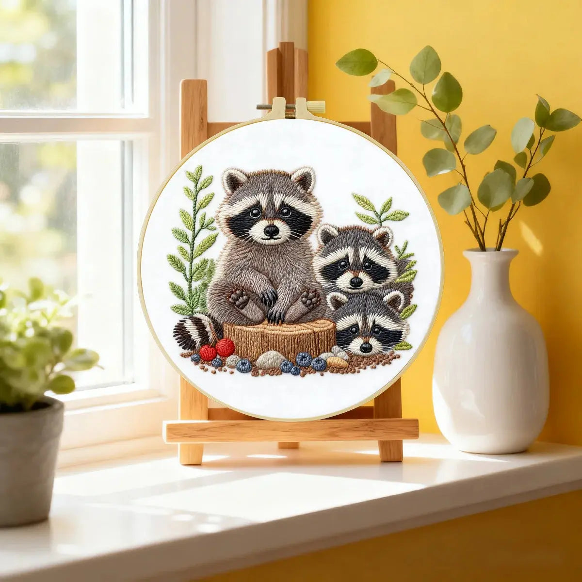 Cute Raccoon Family Embroidery Kit – Woodland Animal DIY Hand Embroidery Hoop Art, Forest Nursery Wall Decor Craft Kit Kits For Stitchers