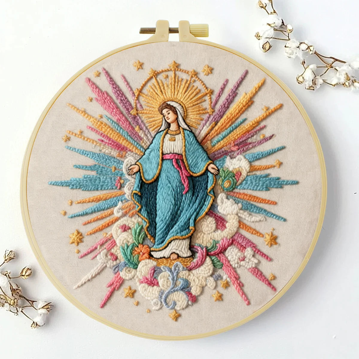 Virgin Mary Embroidery Kit – Colorful Catholic Needlepoint Pattern with Heavenly Rays & Religious Christian Wall Art Decor