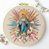 Virgin Mary Embroidery Kit – Colorful Catholic Needlepoint Pattern with Heavenly Rays & Religious Christian Wall Art Decor