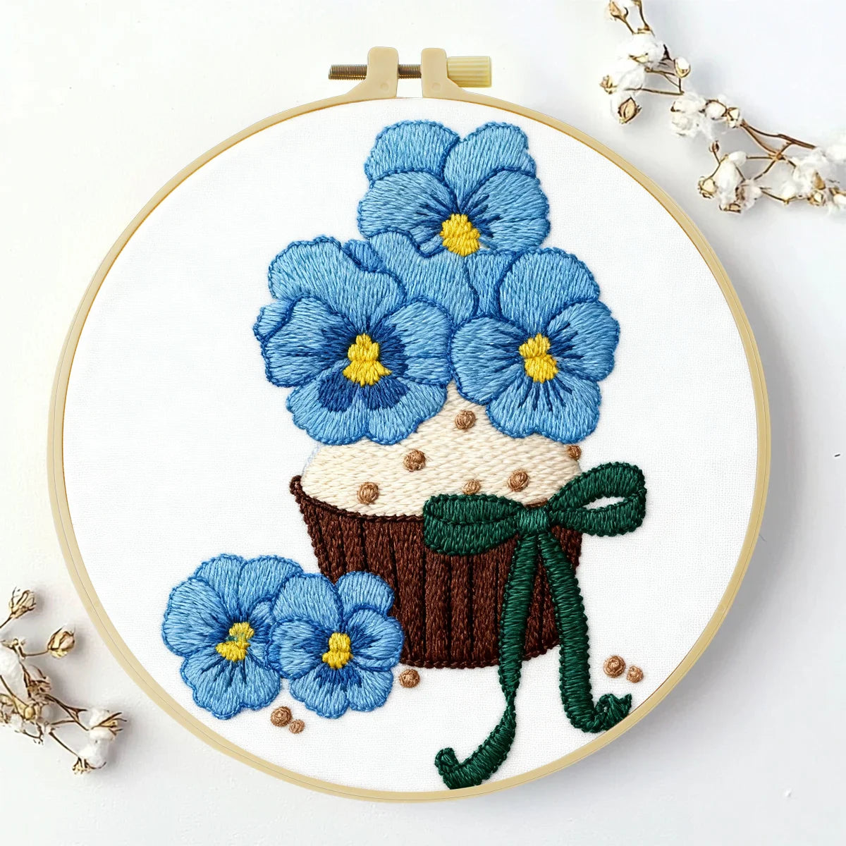 Blue Flower Cupcake Embroidery DIY Kit – Cute Floral Beginner Stitching Kit with Hoop, Pattern & Threads