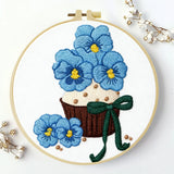 Blue Flower Cupcake Embroidery DIY Kit – Cute Floral Beginner Stitching Kit with Hoop, Pattern & Threads