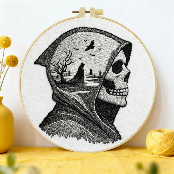 Grim Reaper Embroidery DIY Kit – Gothic Skull Beginner Stitching Kit with Hoop, Pattern & Threads