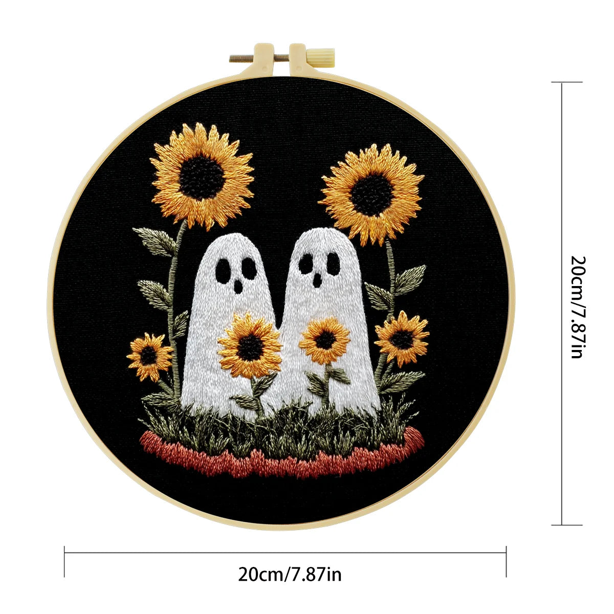 Cute Ghosts with Sunflowers Embroidery Starter Kit – DIY Halloween Sewing Art Set for Beginners