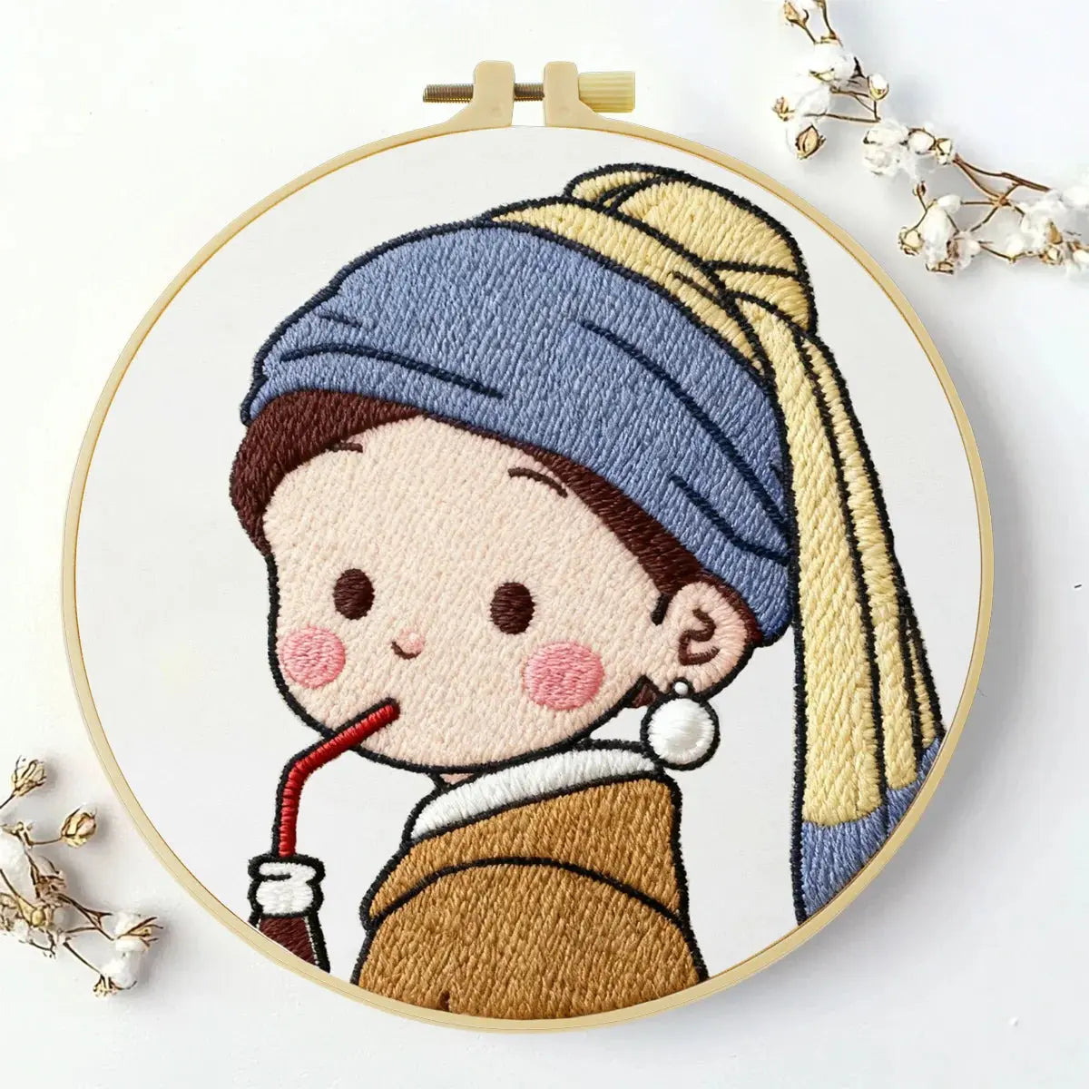 Cute Girl Drinking Coffee Embroidery Starter Kit DIY – Beginner Cartoon Hand Embroidery Kit Kits For Stitchers