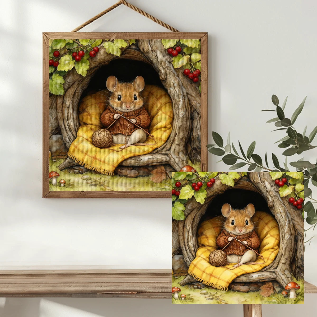 Knitting Mouse in a Cozy Tree Hollow Cross Stitch Kit 🐭🧶🍂