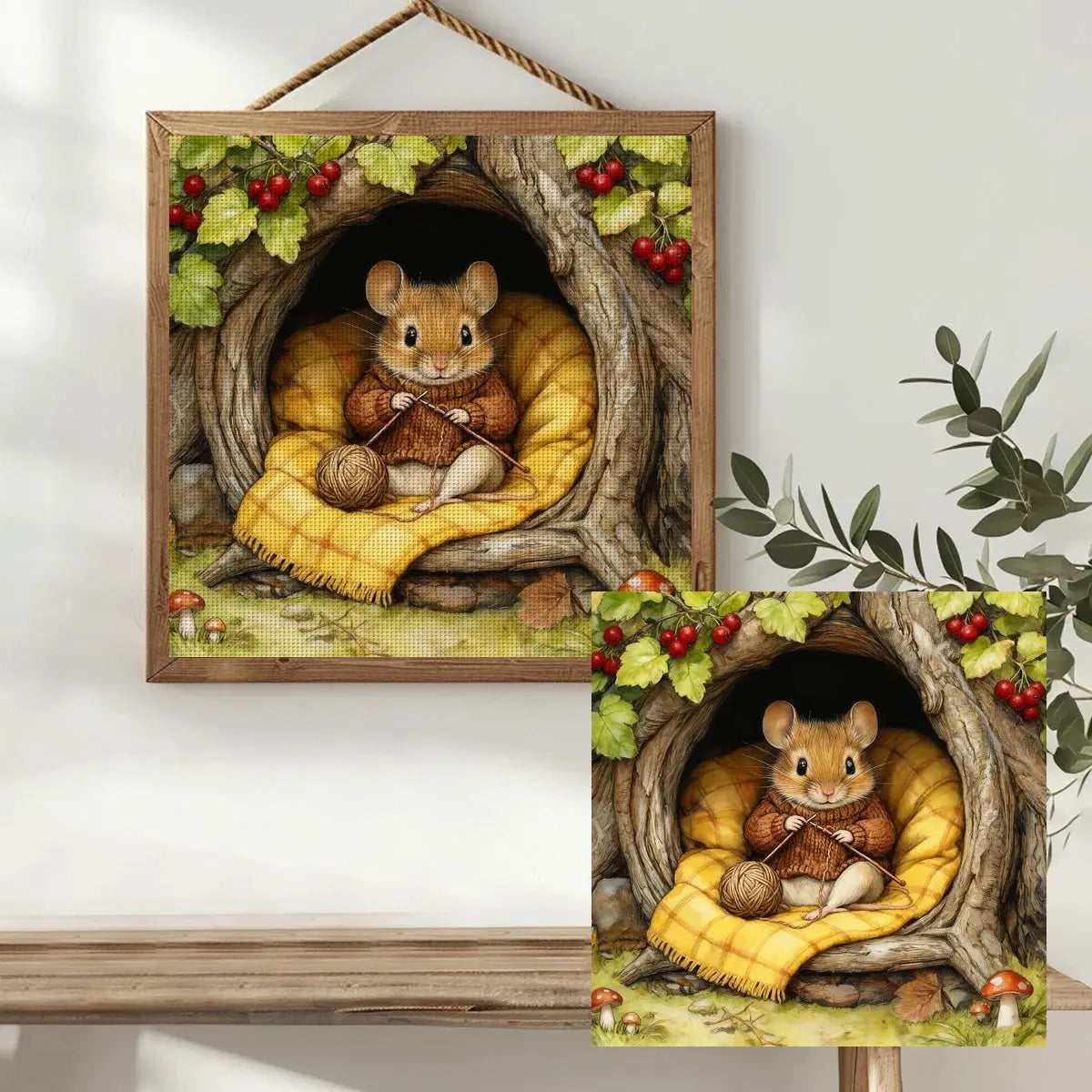 Knitting Mouse in a Cozy Tree Hollow Cross Stitch Kit 🐭🧶🍂 Kits For Stitchers