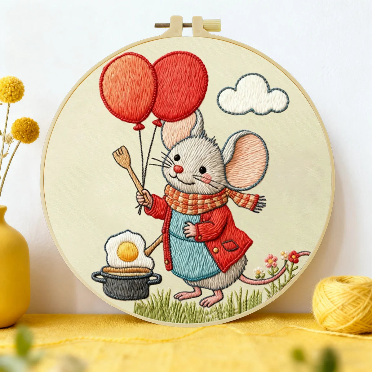Cute Mouse with Balloons Embroidery Starter Kit DIY – Beginner Cartoon Animal Hand Embroidery Kit