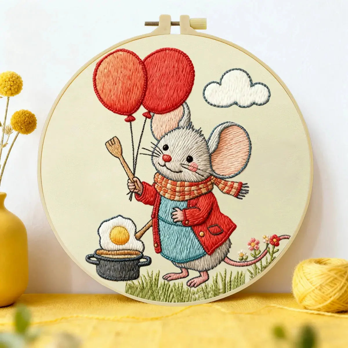Cute Mouse with Balloons Embroidery Starter Kit DIY – Beginner Cartoon Animal Hand Embroidery Kit Kits For Stitchers