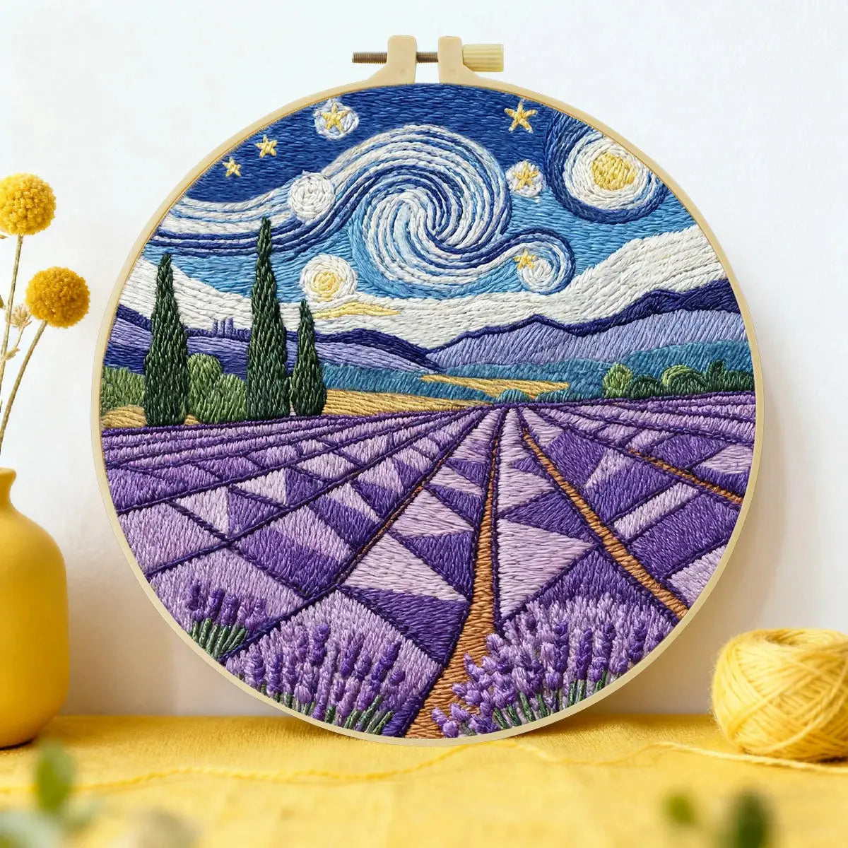 Handmade Lavender Field Embroidery Hoop Wall Art – Starry Night Inspired Landscape Decor Kits For Stitchers