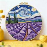 Handmade Lavender Field Embroidery Hoop Wall Art – Starry Night Inspired Landscape Decor Kits For Stitchers
