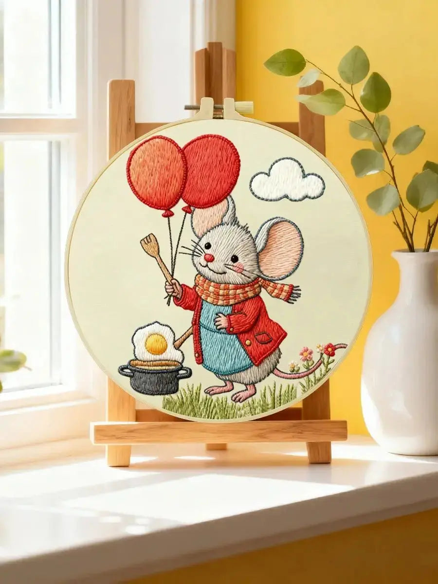 Cute Mouse with Balloons Embroidery Starter Kit DIY – Beginner Cartoon Animal Hand Embroidery Kit Kits For Stitchers