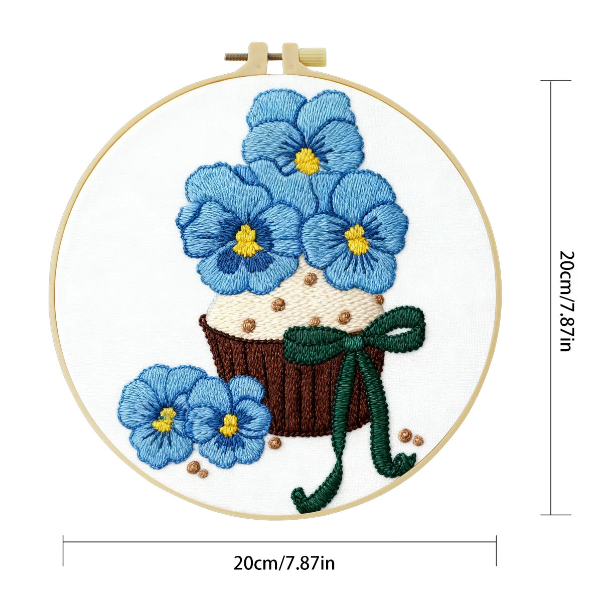 Blue Flower Cupcake Embroidery DIY Kit – Cute Floral Beginner Stitching Kit with Hoop, Pattern & Threads